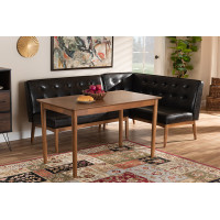 Baxton Studio BBT8051-Dark Brown/Walnut-3PC Dining Nook Set Arvid Mid-Century Modern Dark Brown Faux Leather Upholstered 3-Piece Wood Dining Nook Set